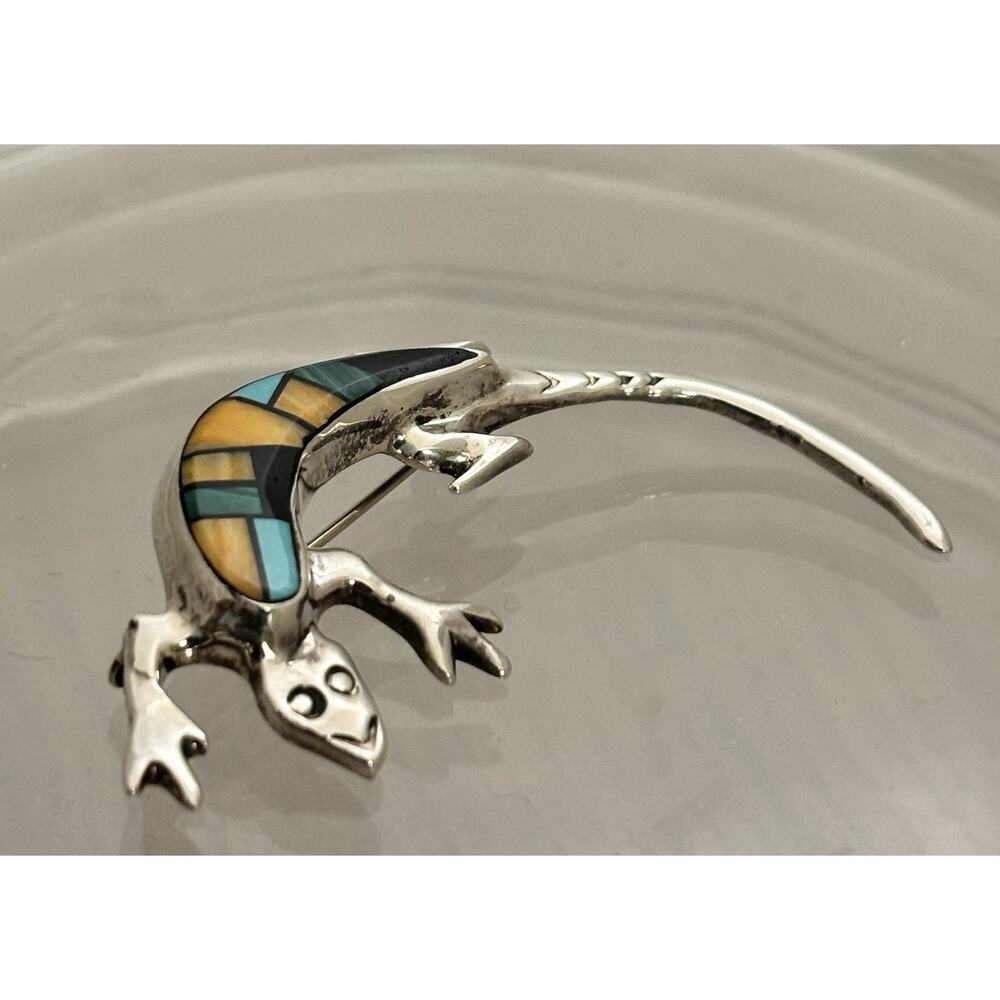 Leonard Martza ZUNI Sterling Inlay Spiny Oyster/Turquoise/Onyx LIZARD Brooch - Picture 4 of 7